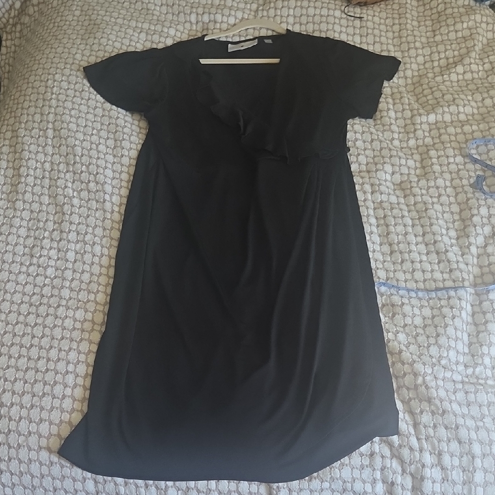 Black Ruffle Short Sleeve Faux Wrap Dress
